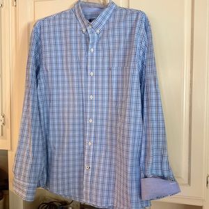 IZOD, XL, blue/white plaid button down shirt. Long sleeved, slim fit